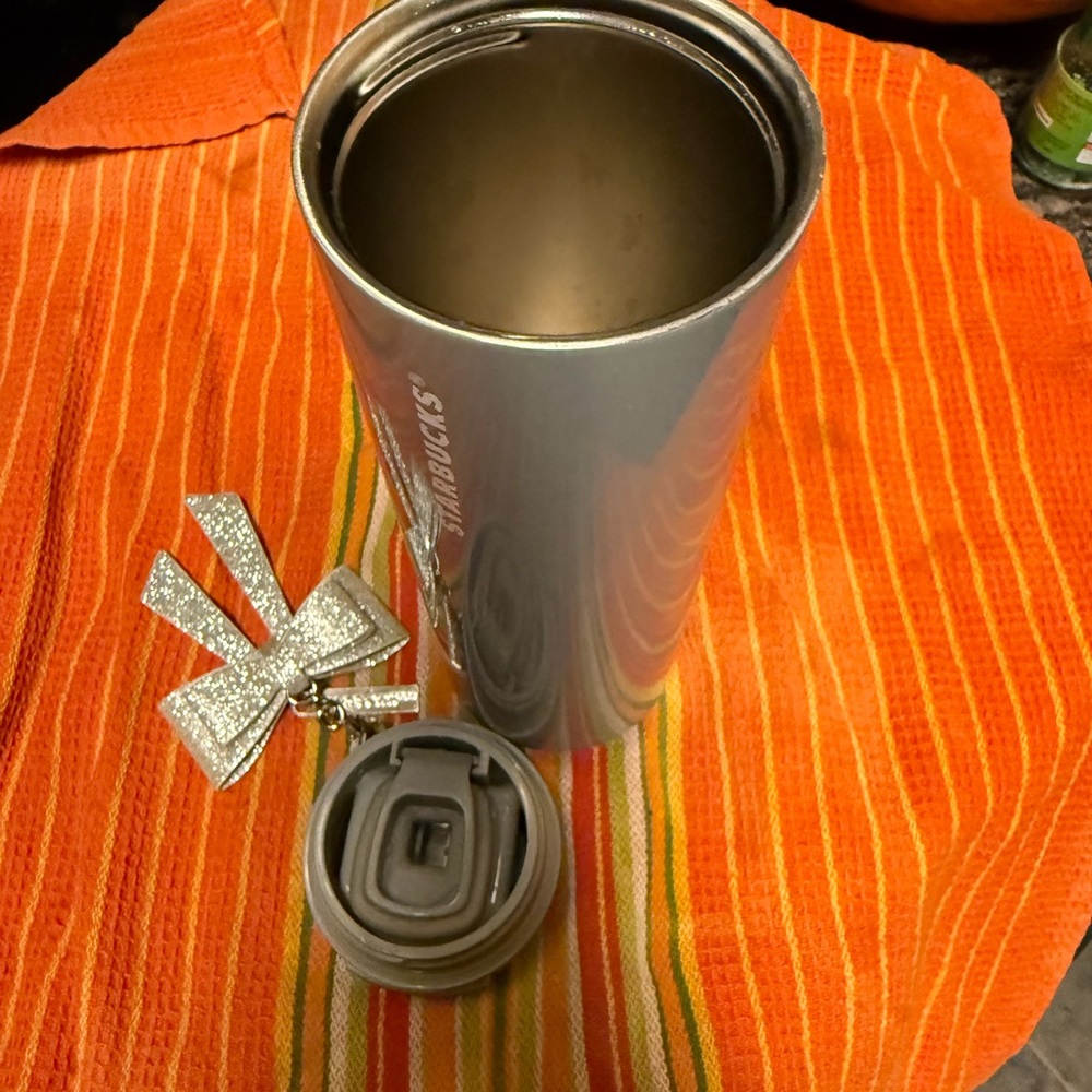 Starbucks Metallic Silver Glitter Bow Charm Insulated Tumbler Limited Edition - Picture 6 of 7